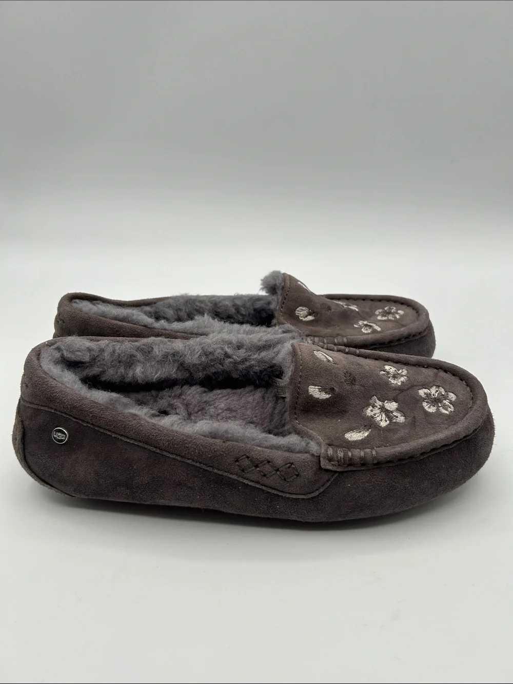 UGG Ansley Blossom Gray Suede Moccasin Slippers with Plush Shearling Lining - Picture 7 of 16